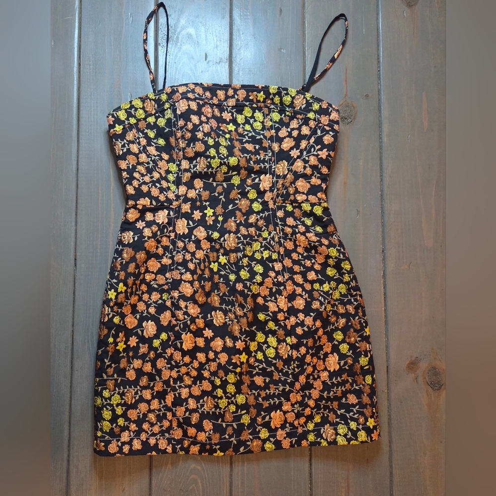 Urban Outfitters Floral Mini Dress Medium Black Corset Strappy Bodycon